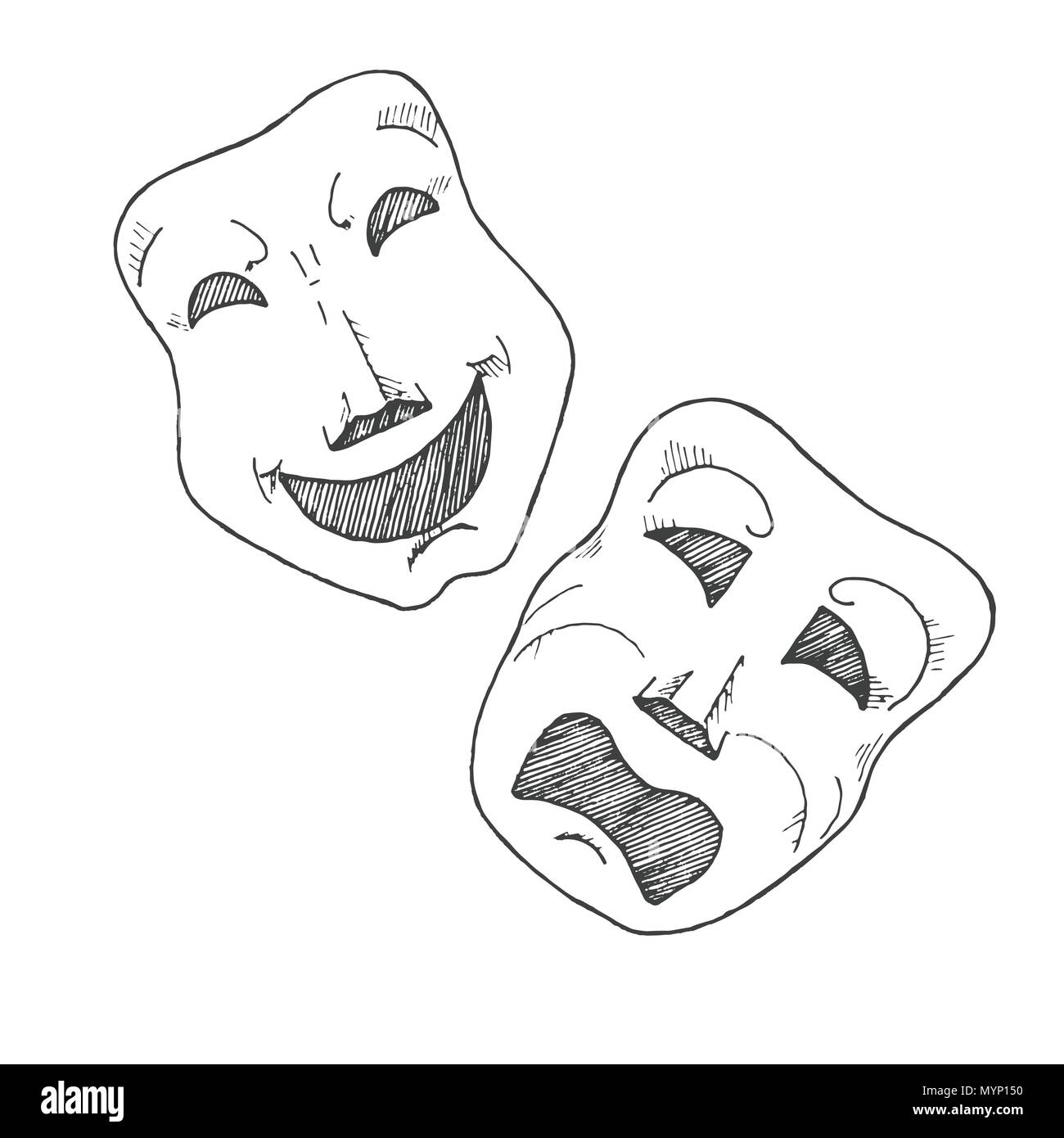 Sketch of theatrical masks. Tragedy and comedy. Vector Stock Vector