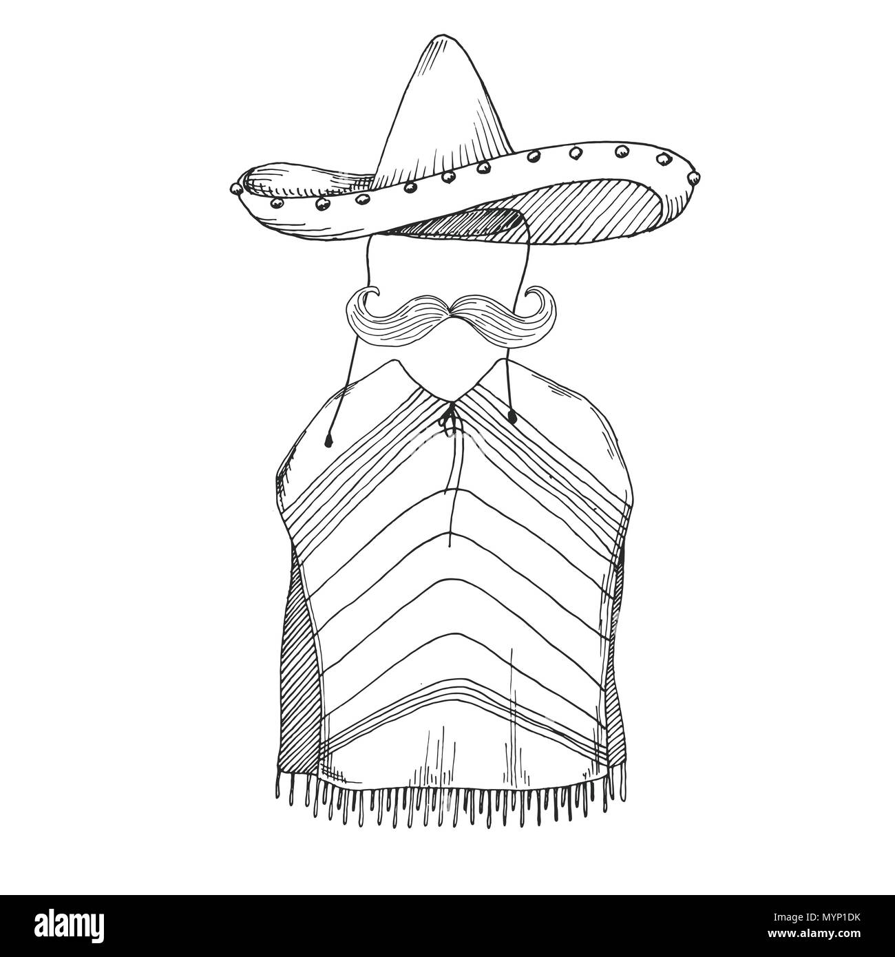 Sketch of poncho, mustache and sombrero. Vector illustration Stock Vector  Image & Art - Alamy