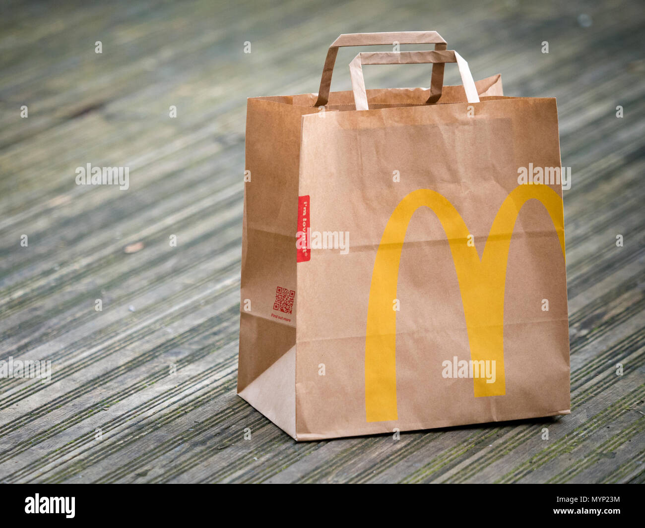 Close up of a McDonald's Take Away Food Brown Paper Bag, McDonald's is a  fast food restaurant chain founded in 1940 Stock Photo - Alamy