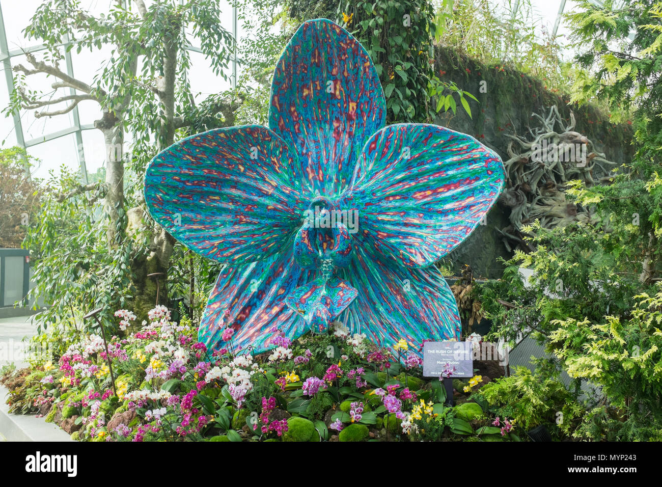The Rush of Nature is a multi-coloured sculpture of an orchid by Marc Quinn and is now on display at Gardens By The Bay in Singapore Stock Photo