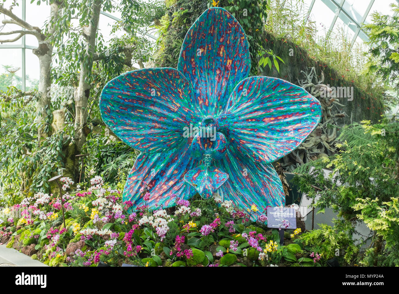 The Rush of Nature is a multi-coloured sculpture of an orchid by Marc Quinn and is now on display at Gardens By The Bay in Singapore Stock Photo