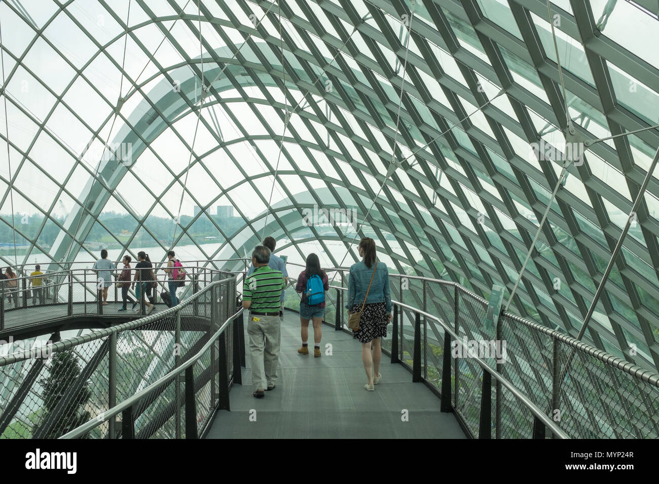 Walkway around the Cloud Forest in one of the cooled conservatories at Gardens By The Bay, one of the most popular visitor attractions in Singapore Stock Photo
