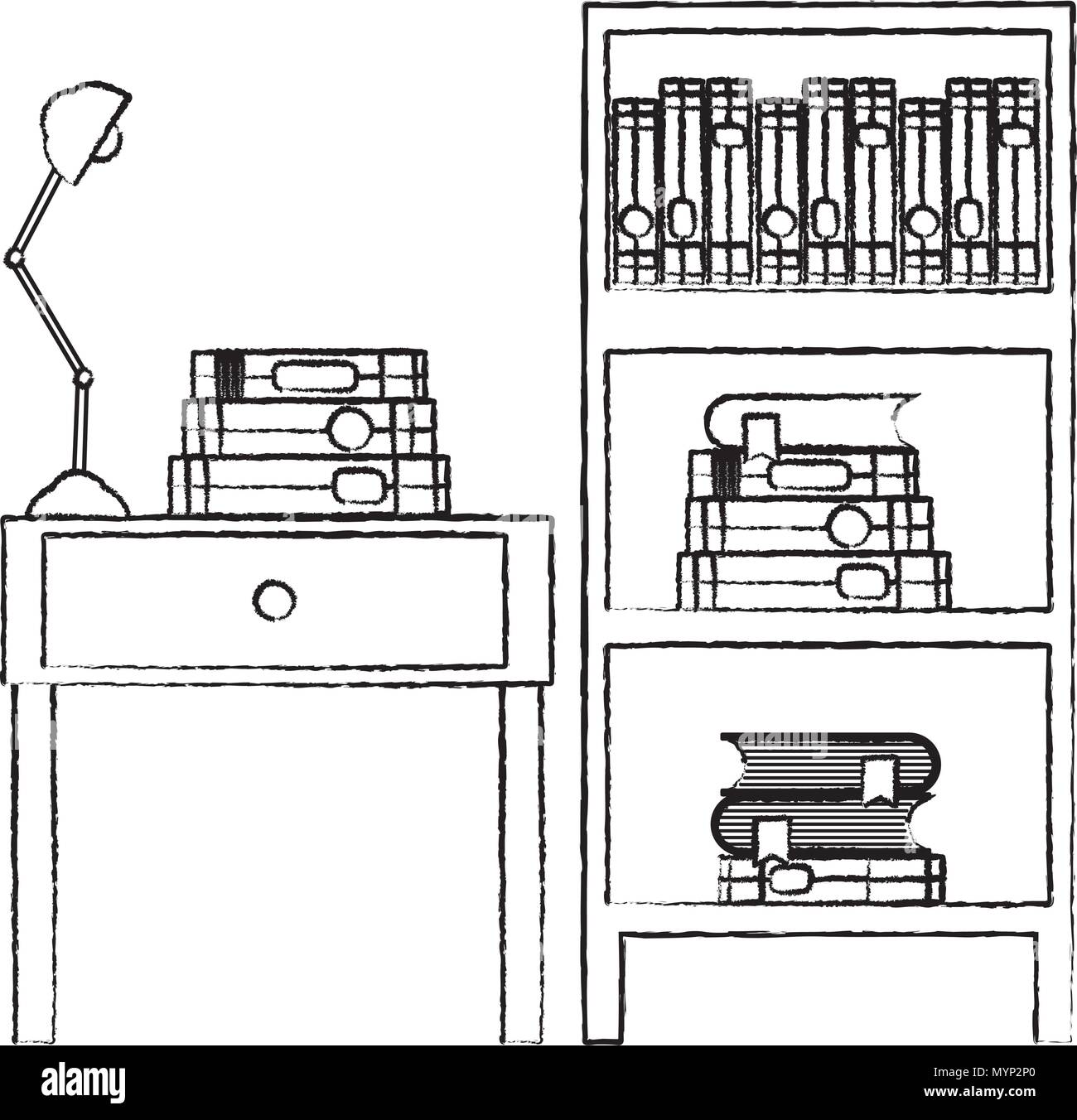 grunge books and lamp in the table end with bookcase Stock Vector