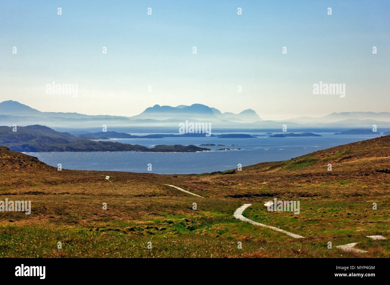 View looking south west from Handa island, Highlands, Scotland over towards Suilven, Quinag and Cul Mor mountains. Stock Photo