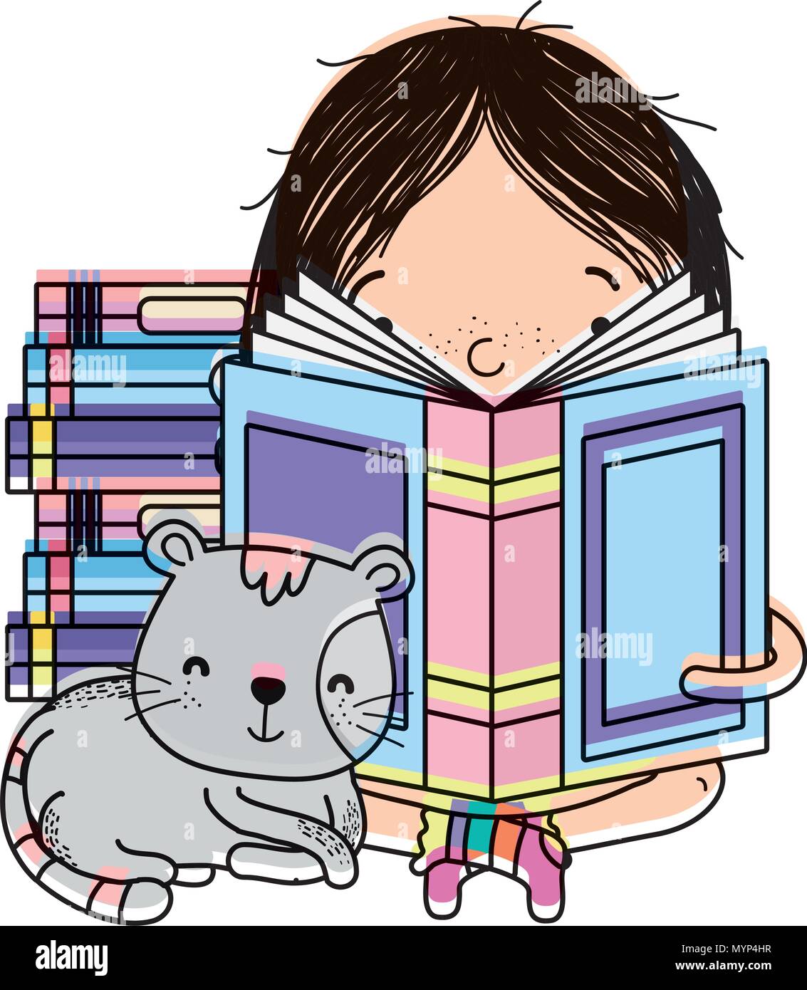 color girl sitting and reading book with cat animal Stock Vector ...
