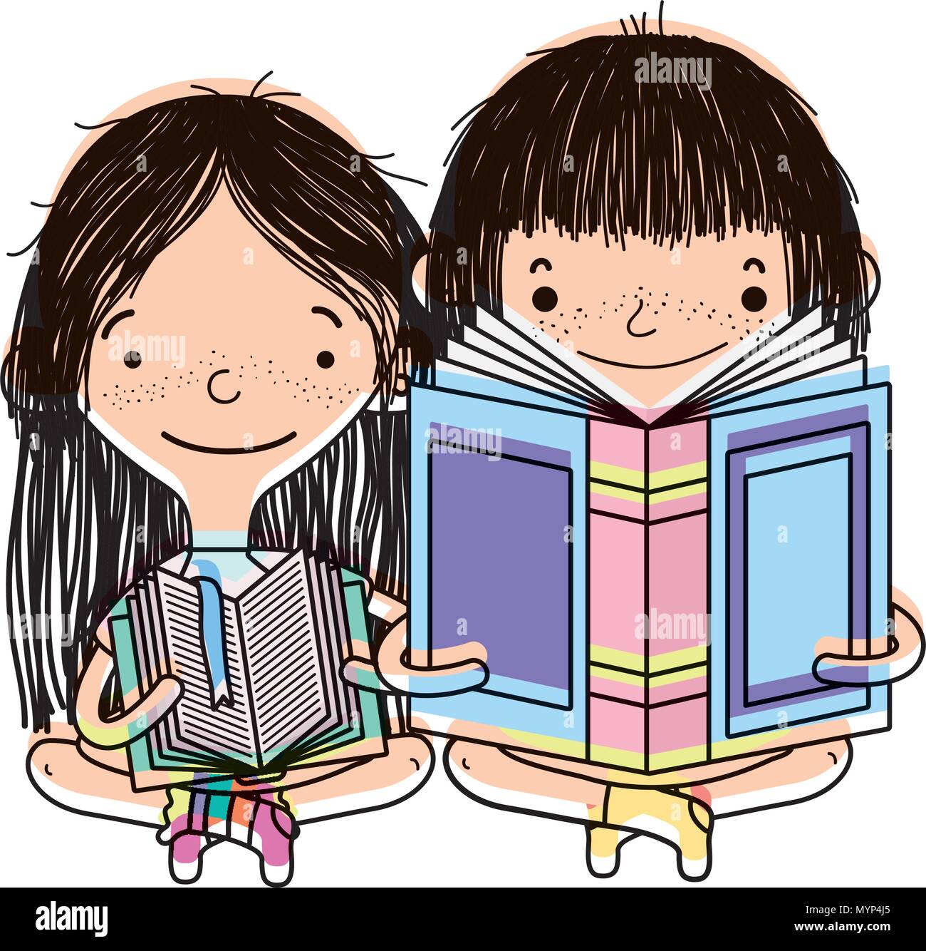 color girl and boy sitting and reading education book Stock Vector ...
