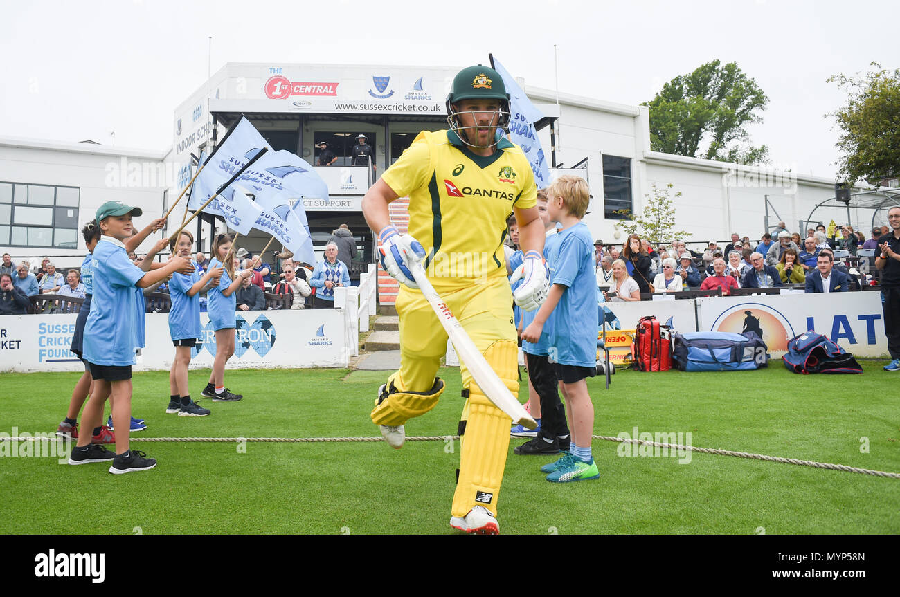Opening batter Aaron Finch of Australia  takes to the field for the 50 over cricket tour match between Sussex and Australia at The 1st Central County Ground in Hove. 07 June 2018 Stock Photo