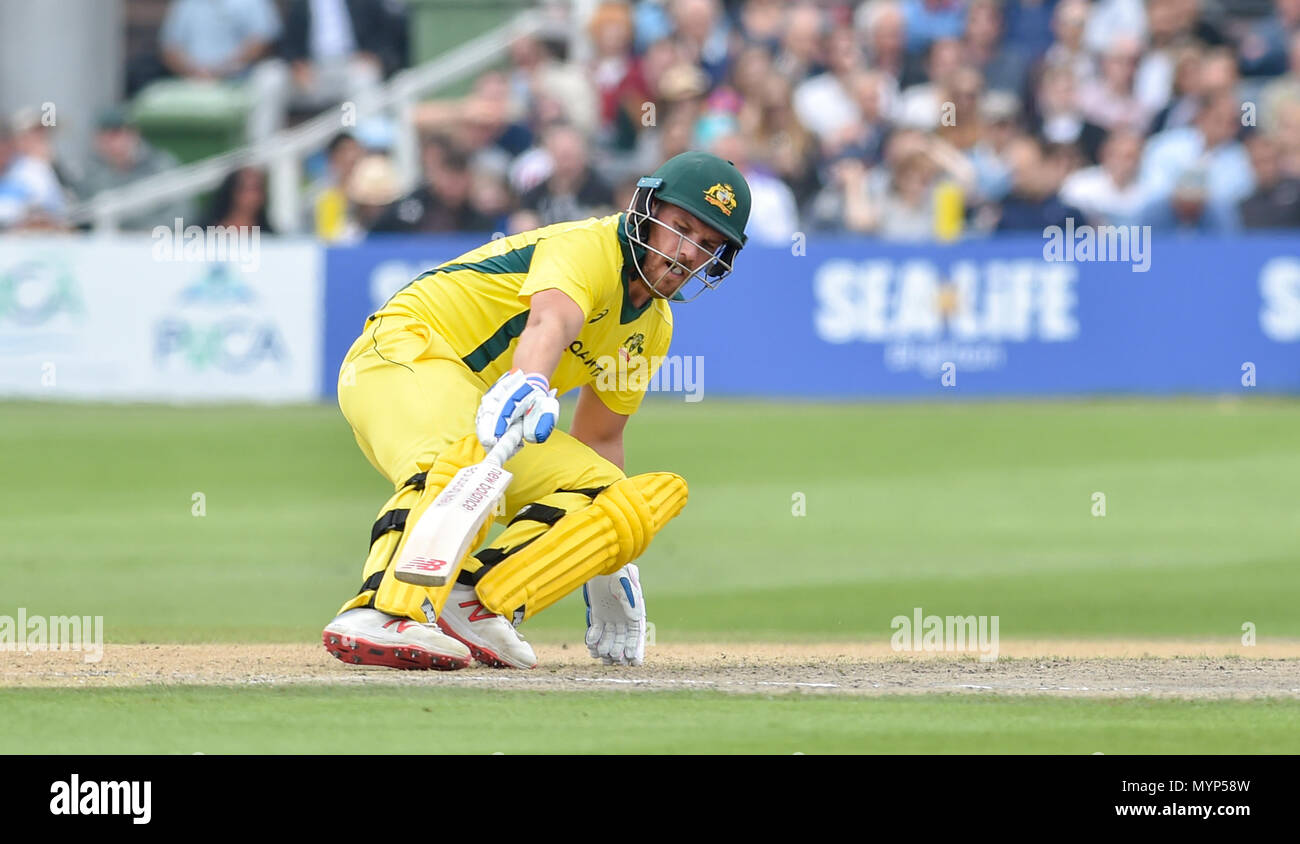 Aaron Finch of Australia takes a run during the 50 over cricket tour match between Sussex and Australia at The 1st Central County Ground in Hove. 07 June 2018 Stock Photo