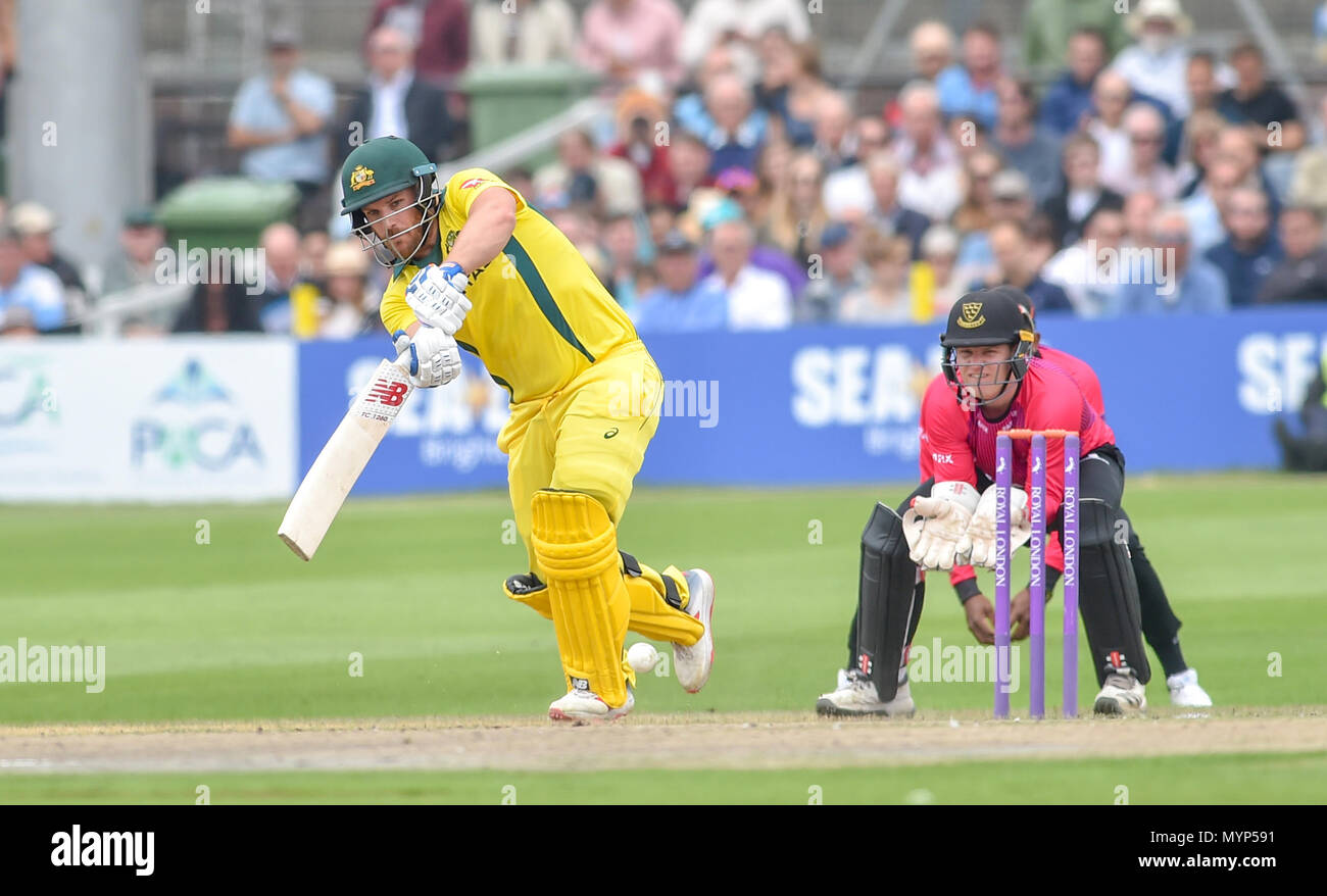 Aaron Finch of Australia batting watched by Sussex wicketkeeper Ben Brown  during the 50 over cricket tour match between Sussex and Australia at The 1st Central County Ground in Hove. 07 June 2018 Stock Photo