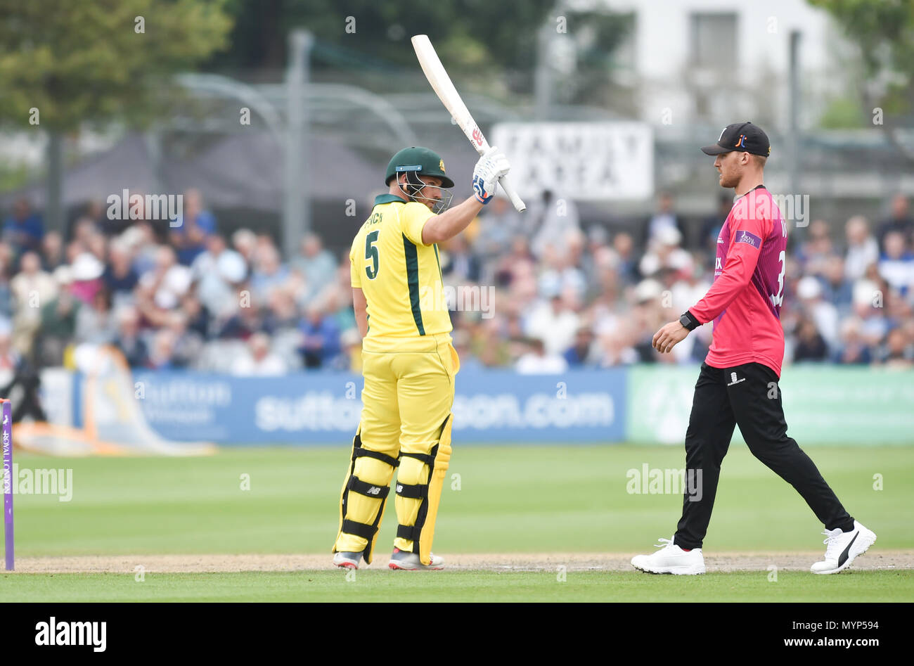 Aaron Finch of Australia reaches his half century during the 50 over cricket tour match between Sussex and Australia at The 1st Central County Ground in Hove. 07 June 2018 Stock Photo