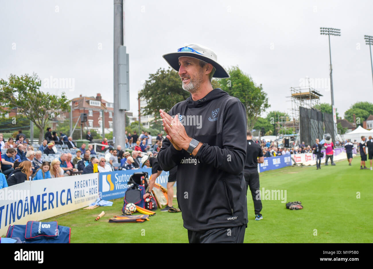Sussex coach Jason Gillespie at the 50 over cricket tour match between Sussex and Australia at The 1st Central County Ground in Hove. 07 June 2018 Stock Photo