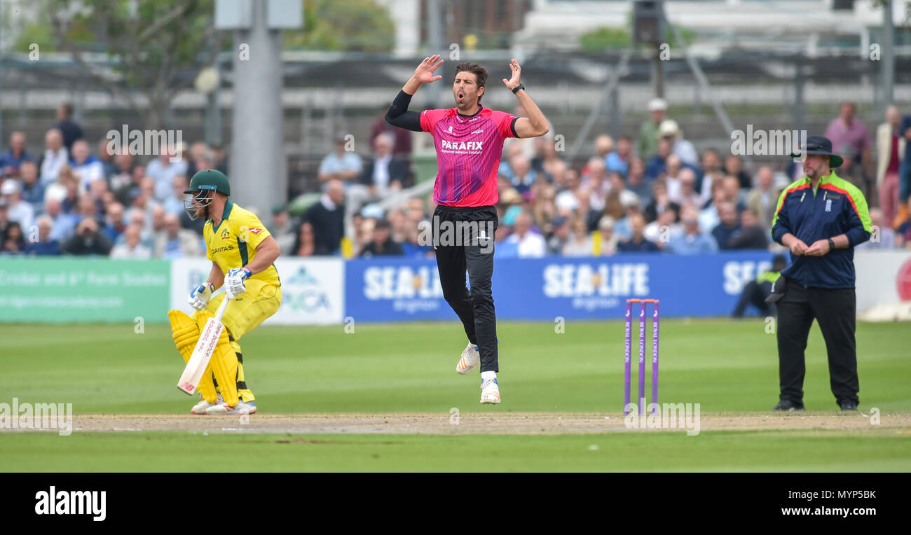 David Wiese bowling for Sussex during the 50 over cricket tour match between Sussex and Australia at The 1st Central County Ground in Hove. 07 June 2018 Stock Photo