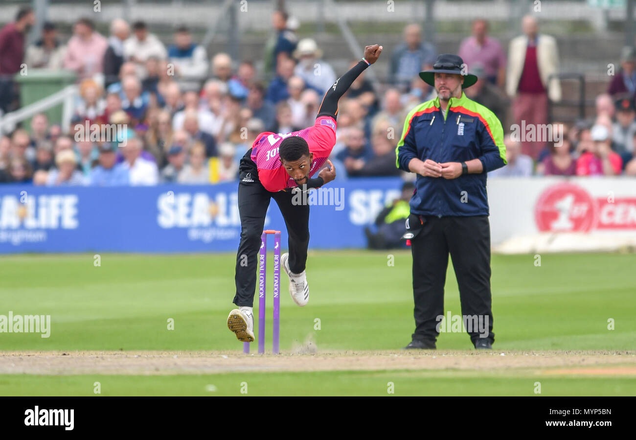 Sussex bowler Abi Sakande during the 50 over cricket tour match between Sussex and Australia at The 1st Central County Ground in Hove. 07 June 2018 Stock Photo