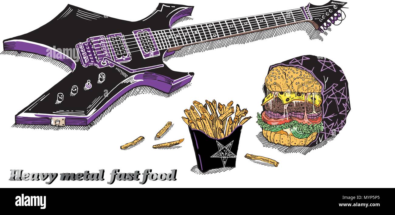 Heavy metal fast food: black electric guitar, french fries, evil burger in wrap with pentagram isolated on white. Hand drawn sketchy style vector illustration. Rock music festival concert poster. Stock Vector