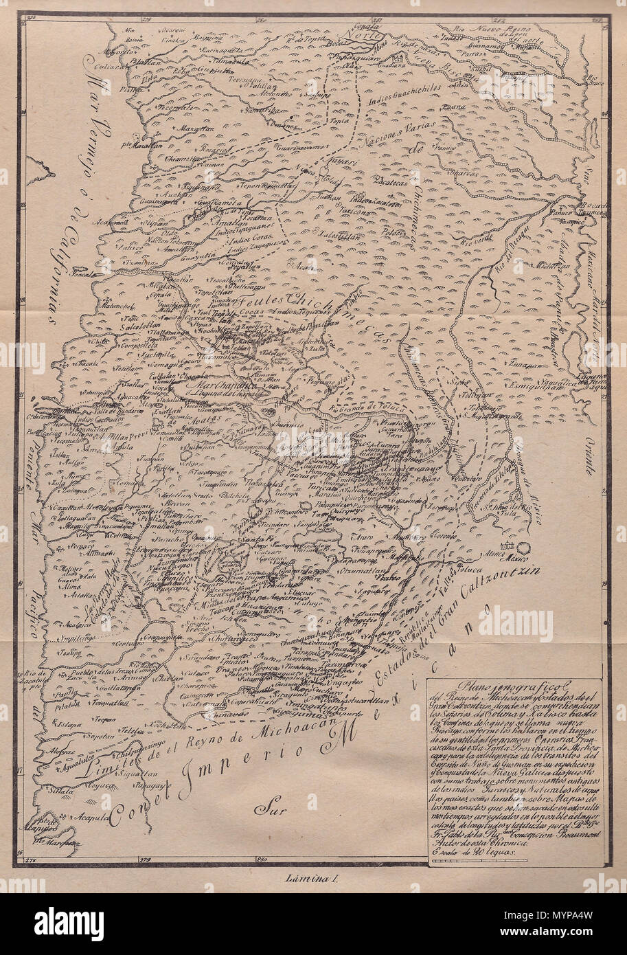 . Español: Plano del Reino de Michoacán a principios del siglo XVI — en Nuevo España. English: Map of the Kingdom of Michoacán, in the early 16th century in New Spain. 23 February 2014, 20:09:45. fray Pablo de la Purísima Concepción Beaumont 426 Plano Icnografico del Reino de Michoacan y Estados de el Gran Caltzontzin Stock Photo