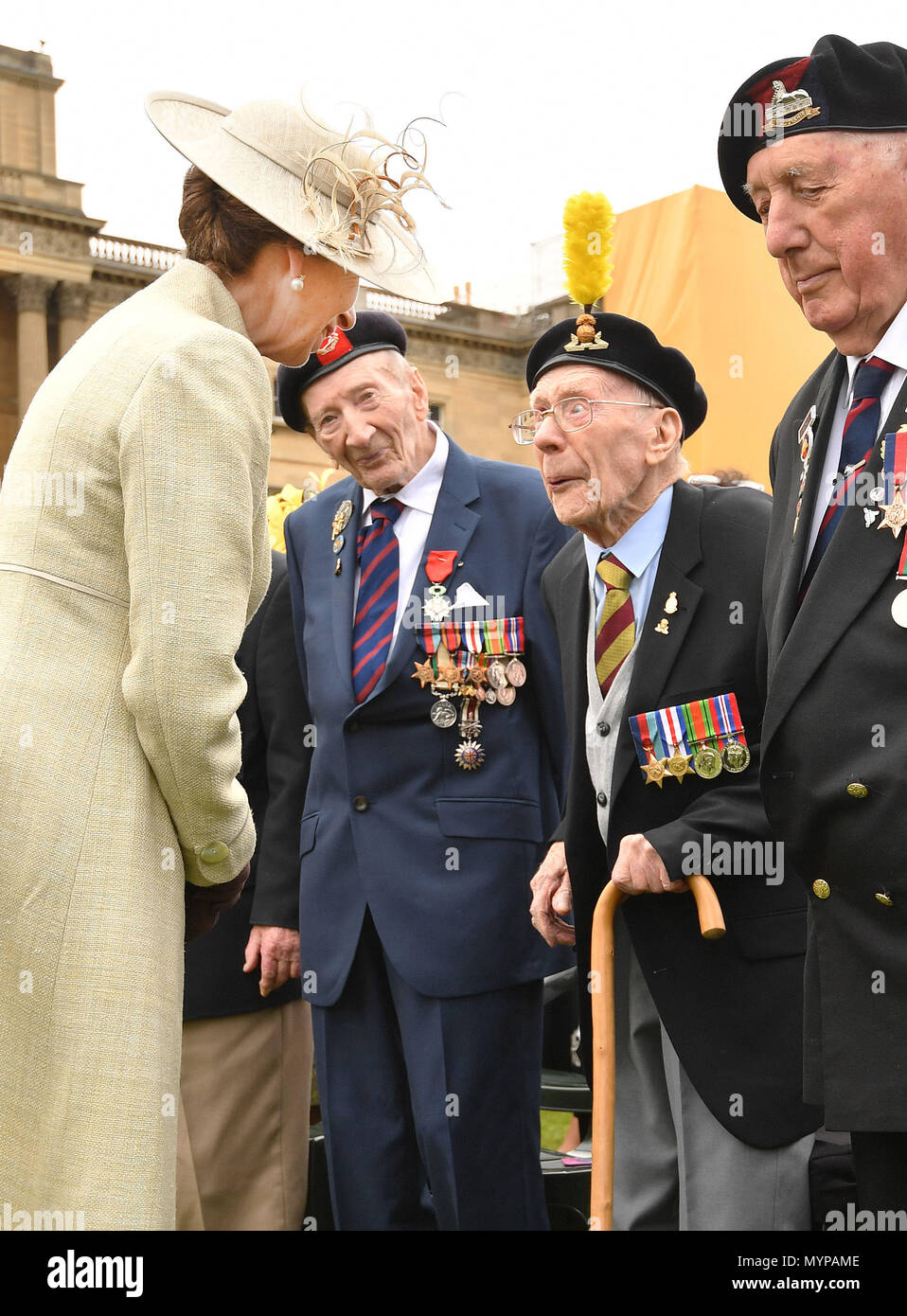 The Princess Royal talks to Edward Morrison, aged 99, during the Not Forgotten Association Annual Garden Party at Buckingham Palace, London. Stock Photo