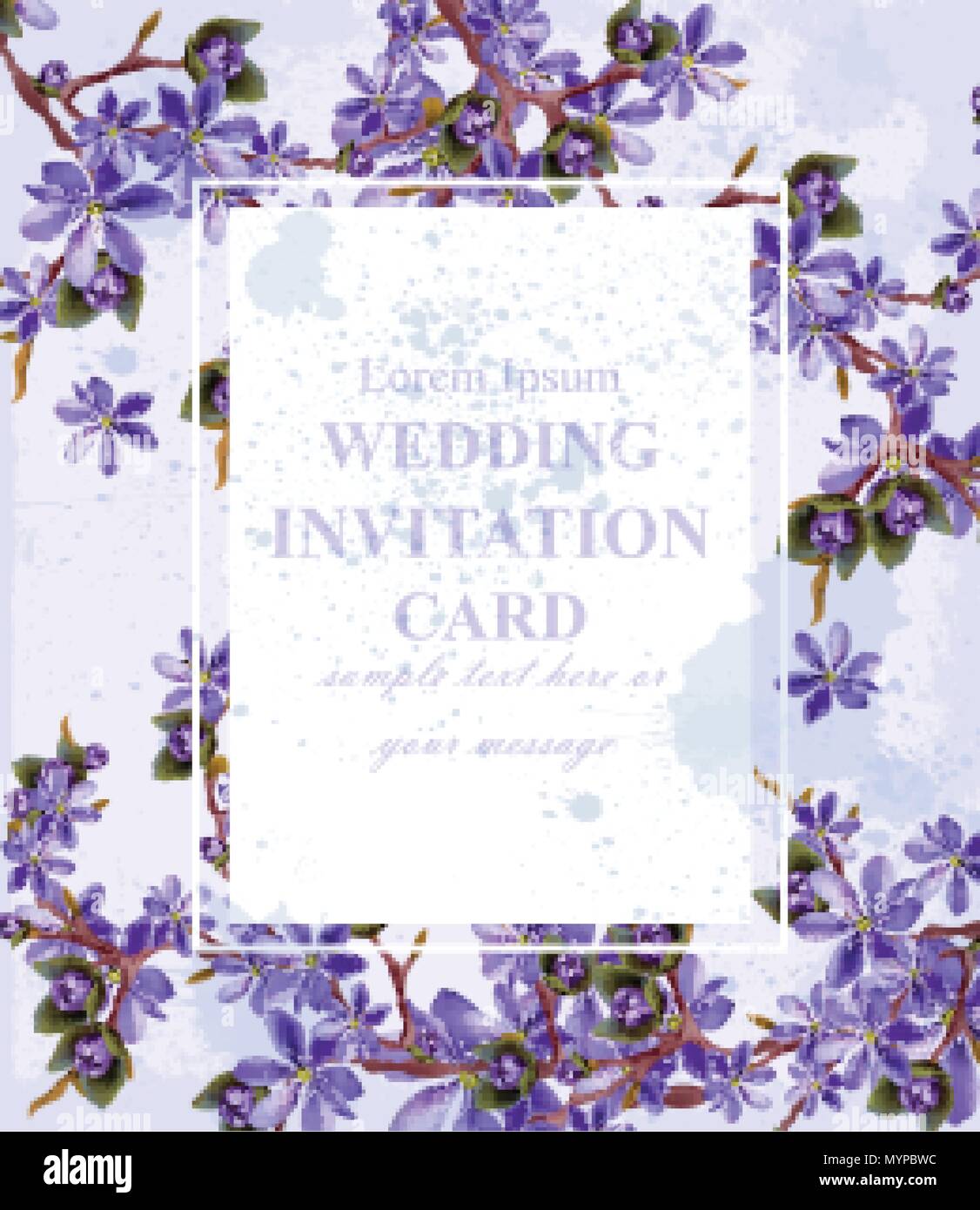 Wedding Invitation card with purple flowers Vector. Beautifull frame decoration Stock Vector