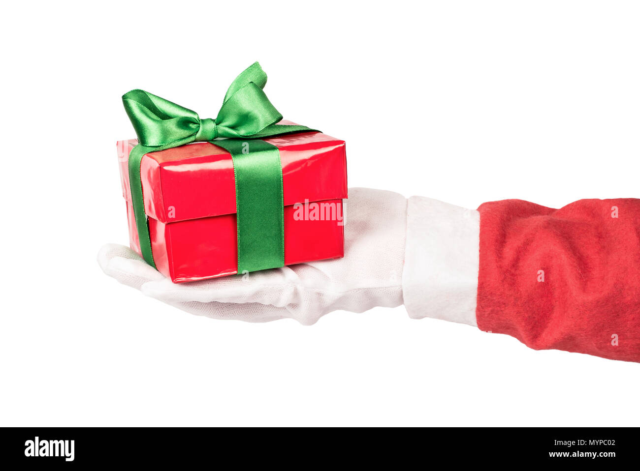 Santa Claus holding a red box with a gift on a white background Stock ...