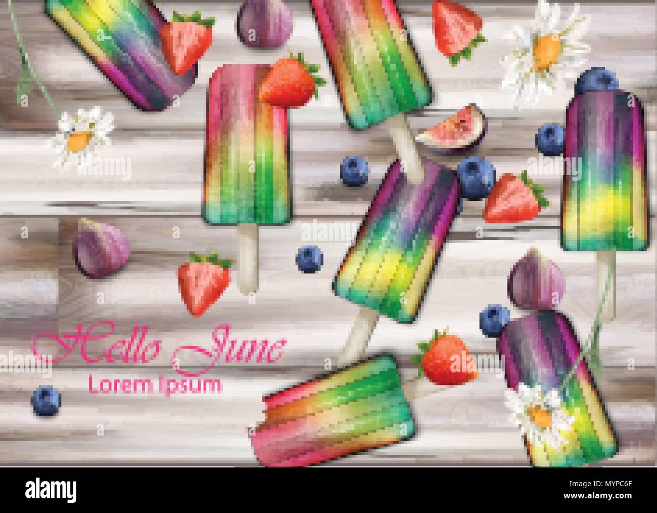 Colorful ice creams on wooden background Vector. Summer exotic fruits