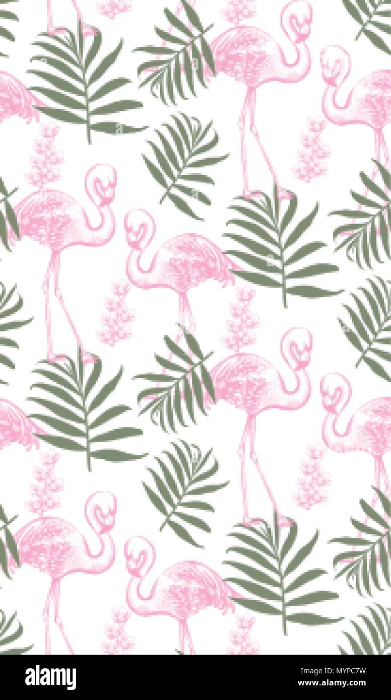Flamingos and palm leaves seamless pattern Vector. Summer tropical ...