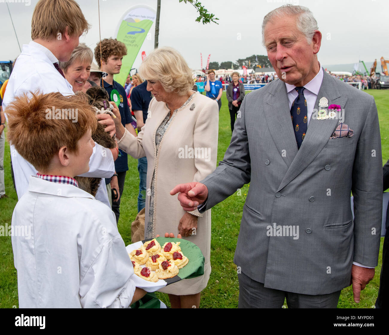The Prince of Wales and the Duchess of Cornwall during a visit to the Royal Cornwall Show at the Royal Cornwall Showground, Whitecross, Wadebridge. Stock Photo