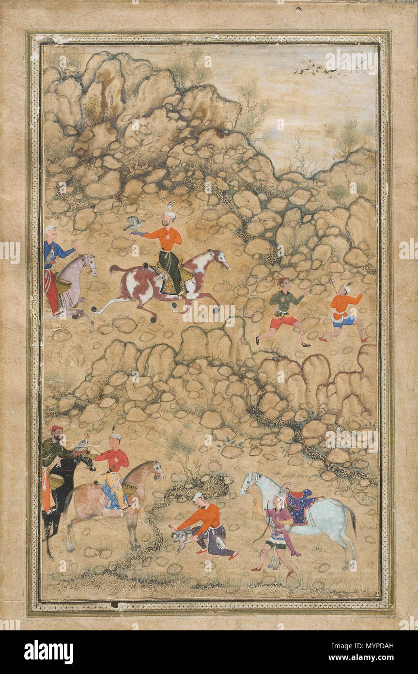 . English: Prince Akbar and Noblemen Hawking, Prince Akbar and Noblemen Hawking, Probably Accompanied by His Guardian Bairam Khan Attributed to 'Abd al-Samad (Iranian, Shiraz ca. 1505/15–ca. 1600) Artist: Assigned to Mir Sayyid Ali Date: ca. 1555–58 Culture: India (Mughal court at Delhi) Medium: Opaque watercolor and ink on paper Dimensions: Page: 14 1/4 x 9 9/16 in. (36.2 x 24.3 cm) Image: 8 1/2 x 5 1/8 in. (21.6 x 13 cm) Mat size: 15 x 20 in. (38.1 x 50.8 cm) Classification: Paintings Credit Line: Lent by the Catherine and Ralph Benkaim Collection Rights and Reproduction: Catherine and Ralph Stock Photo