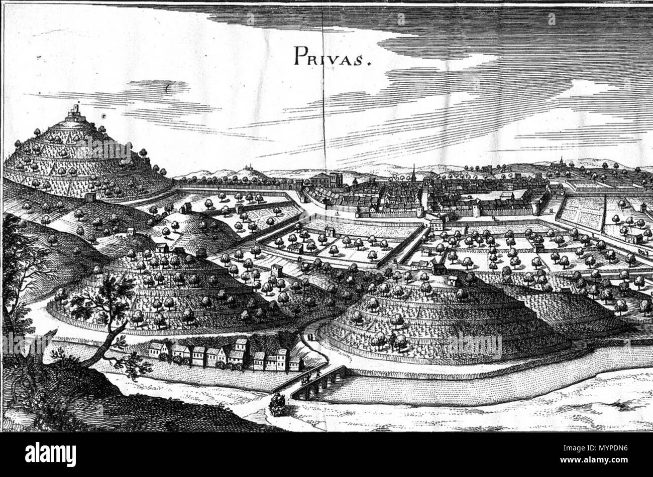 . English: Privas circa 1620 by Matthaeus Merian . circa 1620. Matthaeus Merian (1593-1650) 438 Privas circa 1620 by Matthaeus Merian Stock Photo