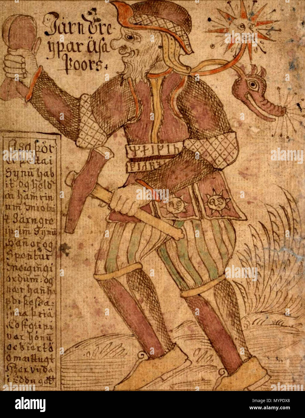 . A Norse mythology image from the 18th century Icelandic manuscript 'SÁM 66', now in the care of the Árni Magnússon Institute in Iceland. 18th century. Stofnun Árna Magnússonar á Íslandi; turned, cropped and colour-corrected with The GIMP Version 1.2.3. 438 Processed SAM thorr Stock Photo