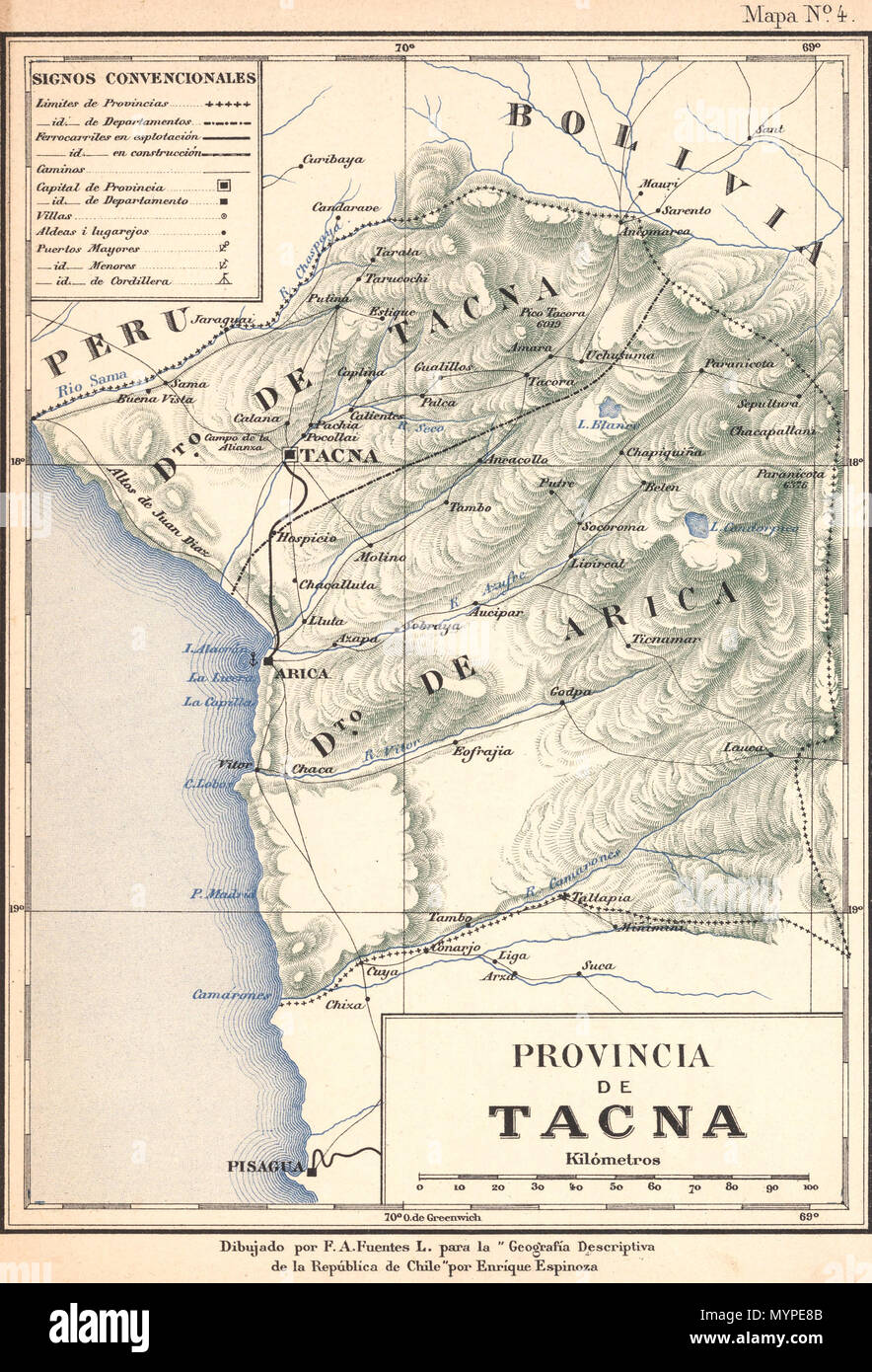 . Mapa de la antigua Provincia chilena de Tacna, hacia 1895, que se dividía en los Departamentos de Tacna y Arica, actuales Provincia de Tacna y Tarata, Departamento de Tacna (Perú) y Provincia de Arica y Parinacota, XV Región de Arica y Parinacota (Chile) . 1903. F. A. Fuentes 439 Provincia de Tacna-1895 Stock Photo