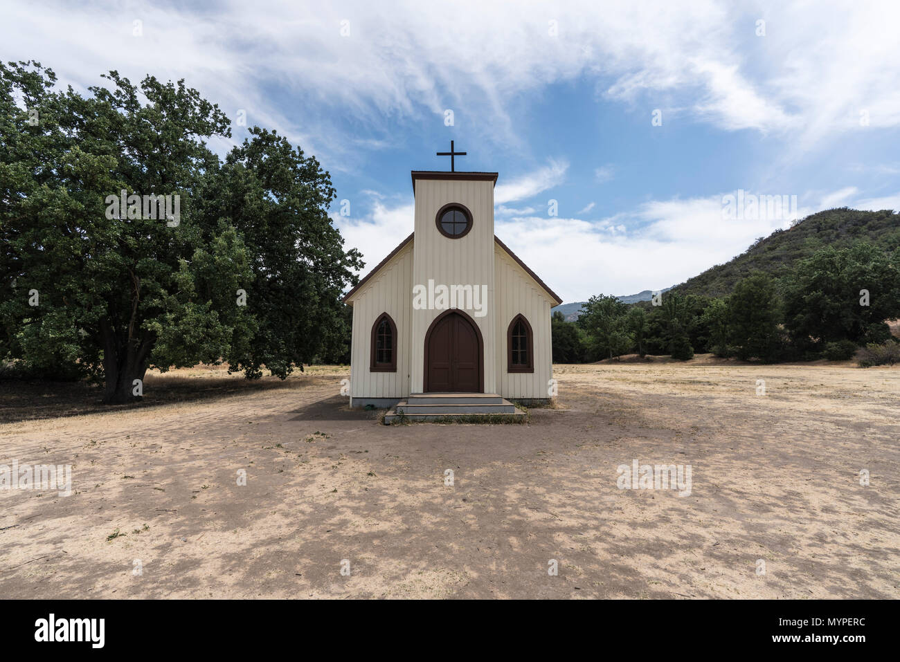 Small historic movie set church owned by US National Park Service in the Santa Monica Mountains National Recreation Area near Los Angeles California. Stock Photo