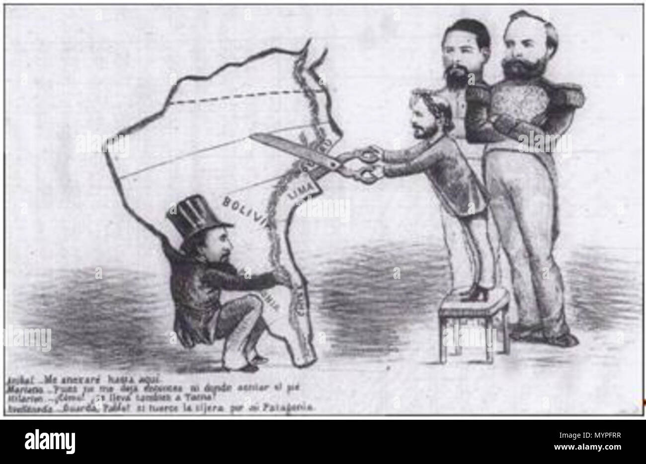 . Español: Patricio Ibarra Cifuentes escribe: Coronado por los laureles de las victorias navales, el presidente de Chile Aníbal Pinto, premunido de una gran tijera y sobre un piso, precisa hasta donde estima se anexará durante la campaña terrestre próxima a comenzar. Le observan los mandatarios Mariano Ignacio Prado del Perú, Hilarión Daza de Bolivia y Nicolás Avellaneda de Argentina. Ante los planes del chileno el primero le dice que no le quedará territorio alguno, pues Pinto comienza a cortar desde Lima hacia el sur. Por su parte el jefe boliviano reclama ante la intención de apropiarse tam Stock Photo