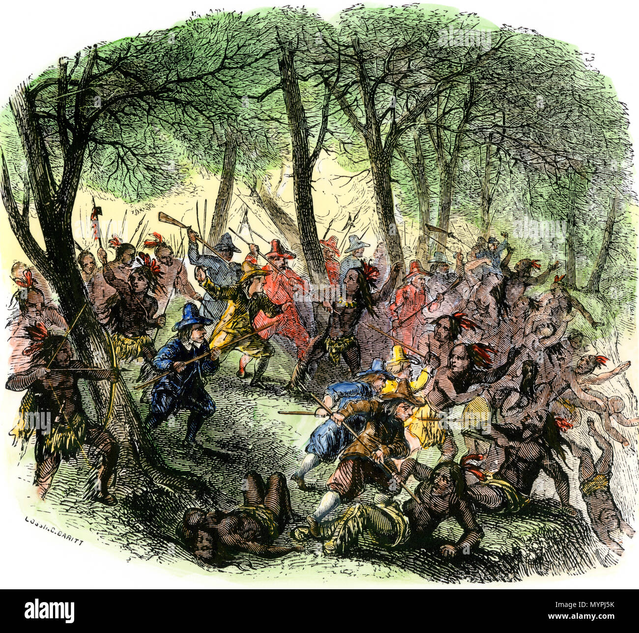 Massacre of Mohawks by New Netherlands Governor Kieft, 1640s. Hand-colored woodcut Stock Photo