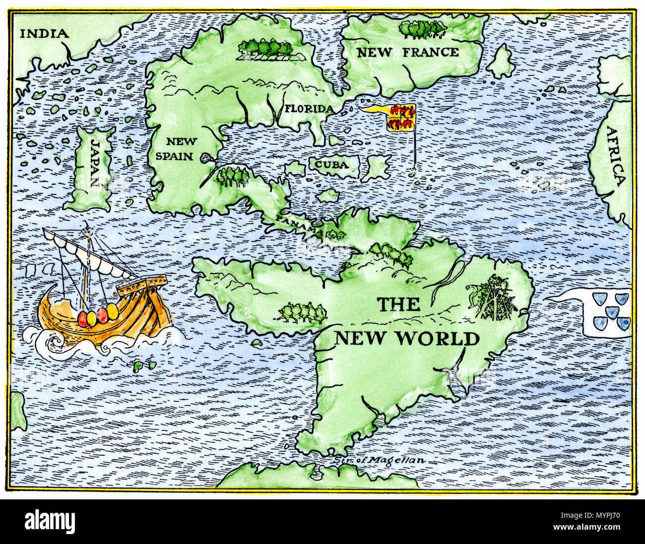 New World geography according to a mapmaker of 1540. Hand-colored woodcut Stock Photo