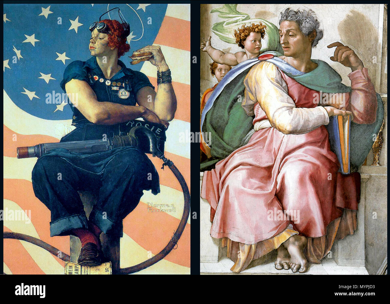 English: Two side-by-side images, one of Rosie the Riveter by Norman  Rockwell; the other of the prophet Isaiah by Michelangelo in the Sistine  Chapel. Rockwell modeled Rosie's pose closely on the