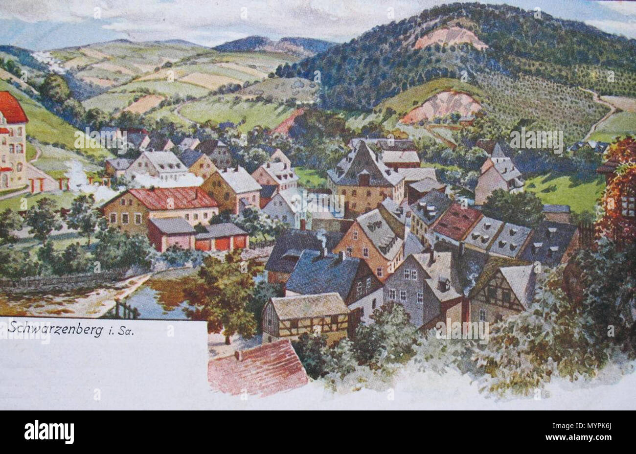 . English: Schwarzenberg: Vorstadt with Herrenmühle and Rockelmann Deutsch: Schwarzenberg: Vorstadt mit Herrenmühle und Rockelmann . circa 1900 (Karte ist 1904 postalisch gelaufen). NN 478 Schwarzenberg Vorstadt und Rockelmann Stock Photo