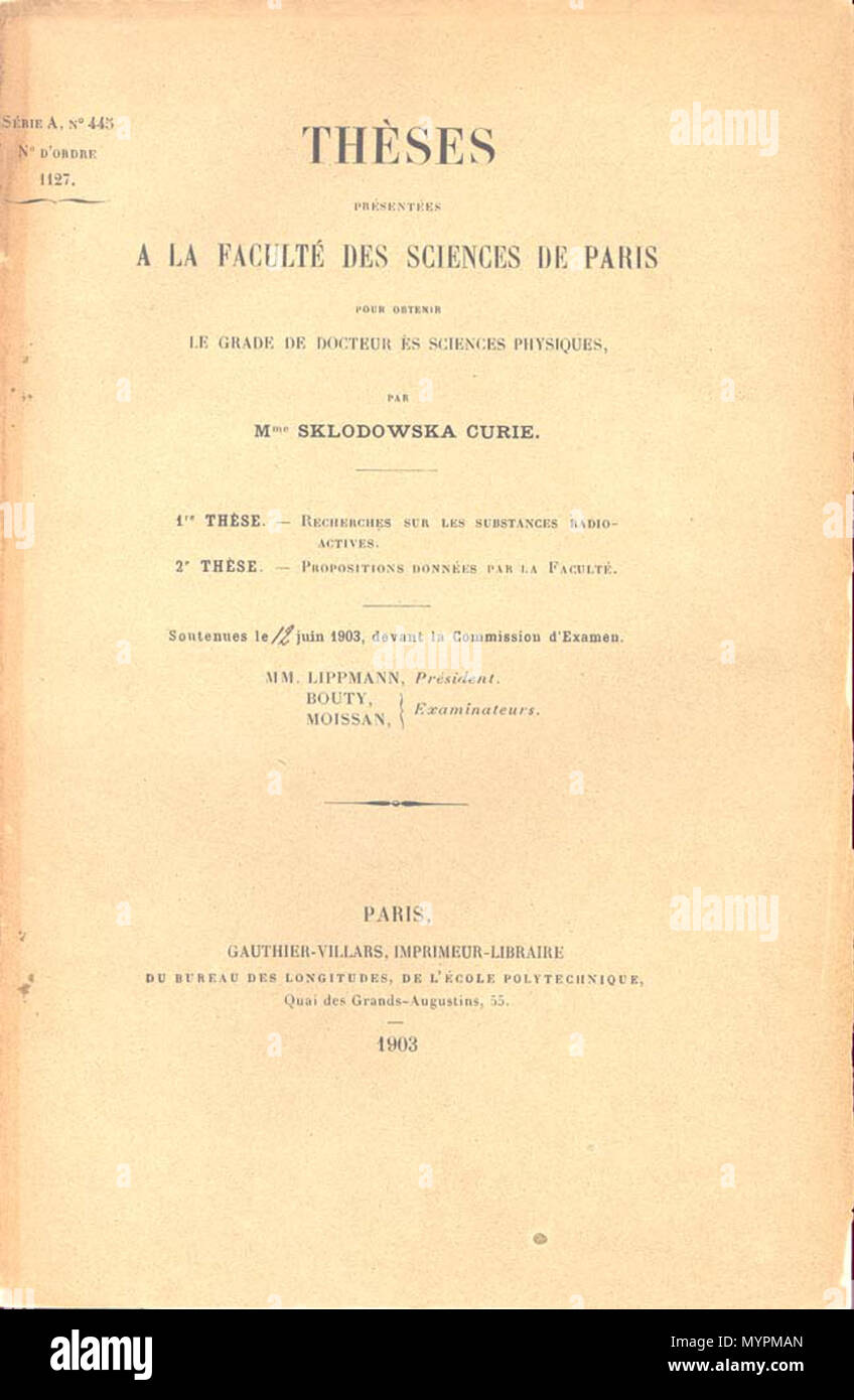 Kernowek: Marie Curie-Skłodowska: Recherches sur les substances  radioactives Dissertation Paris, 1903. 'Commission d'examen': Gabriel