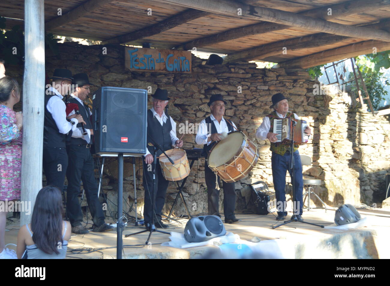 Group Of Accordion, Bagpipe And Drum In The Party Of The Bagpipe In Quinta De Cancelada. August 20, 2016. Quinta De Cancelada Lugo Galicia Spain. Stock Photo