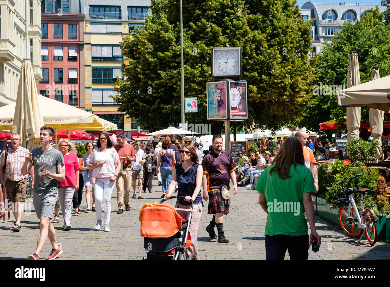 Berlin, Germany - june 2018: People on street market at Hackescher Markt in Berlin, Mitte  on a sunny summer day Stock Photo