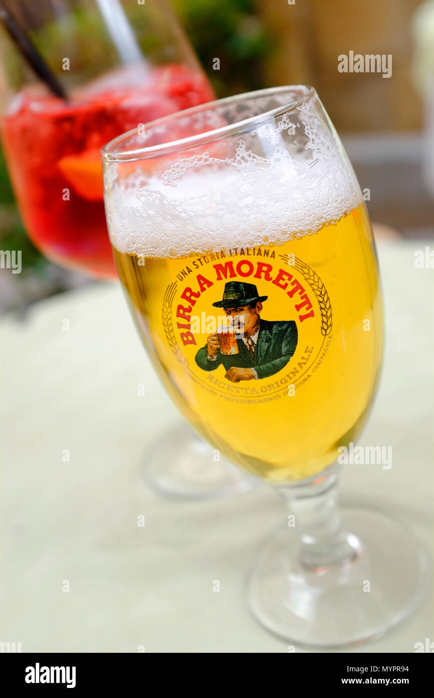 glass of cold italian moretti beer, tuscany, italy Stock Photo