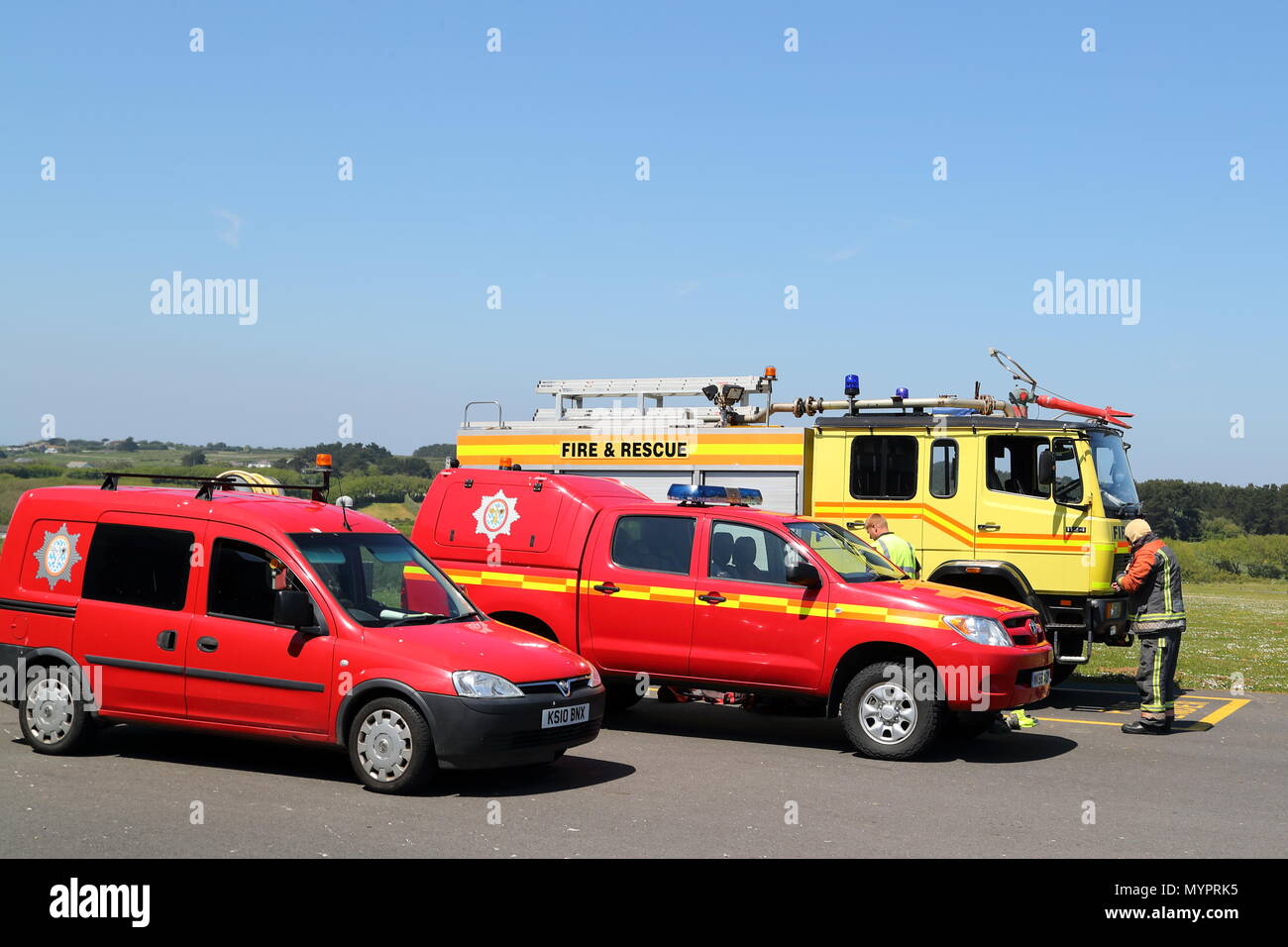 Firebrigade At The Airport Of St Marys Isles Of Scilly UK Stock Photo firebrigade-at-the-airport-of-st-marys-isles-of-scilly-uk-stock-photo