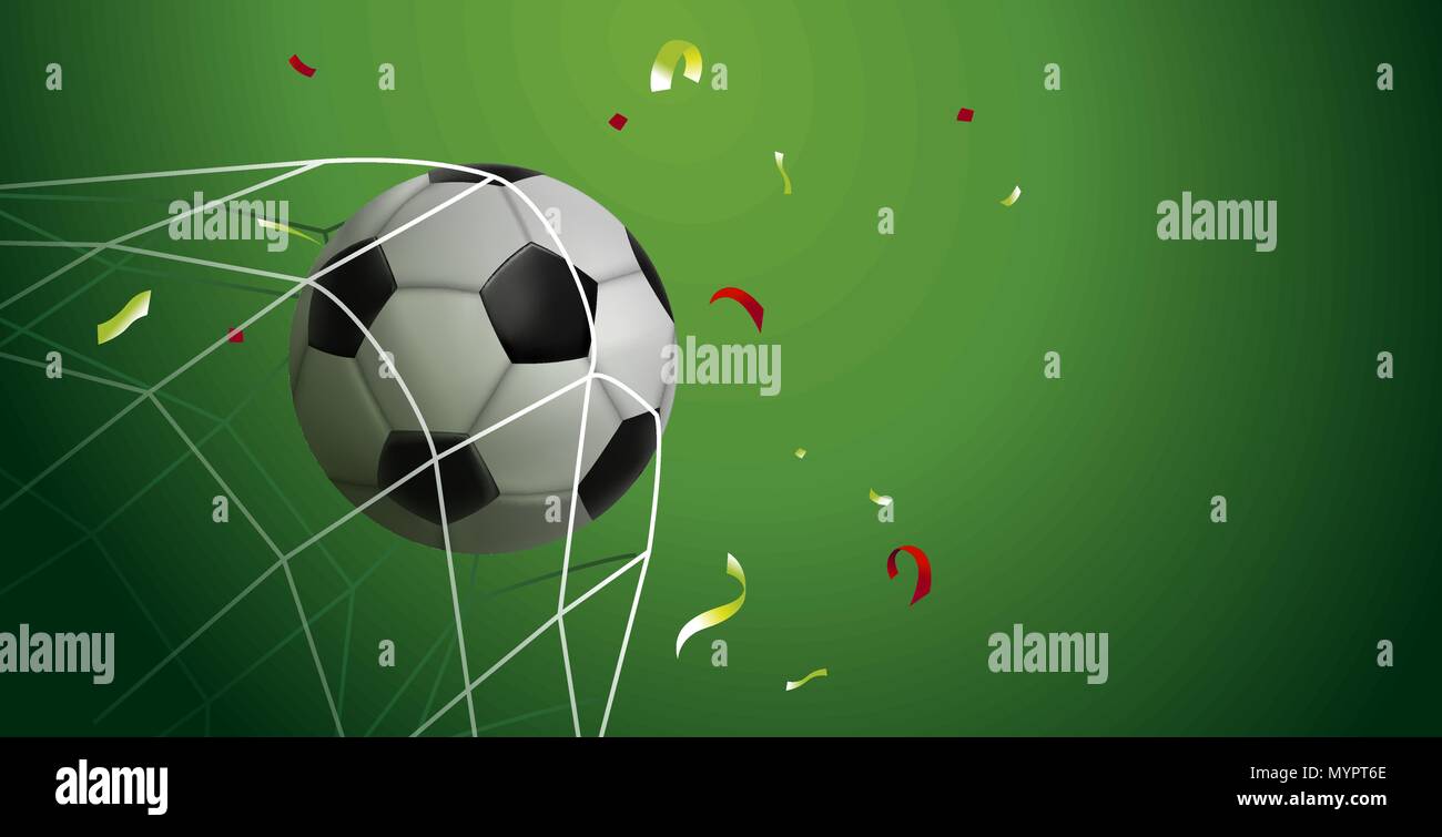 Soccer match web banner for special sport game event. Football ball scoring goal with confetti celebration and copy space background. EPS10 vector. Stock Vector