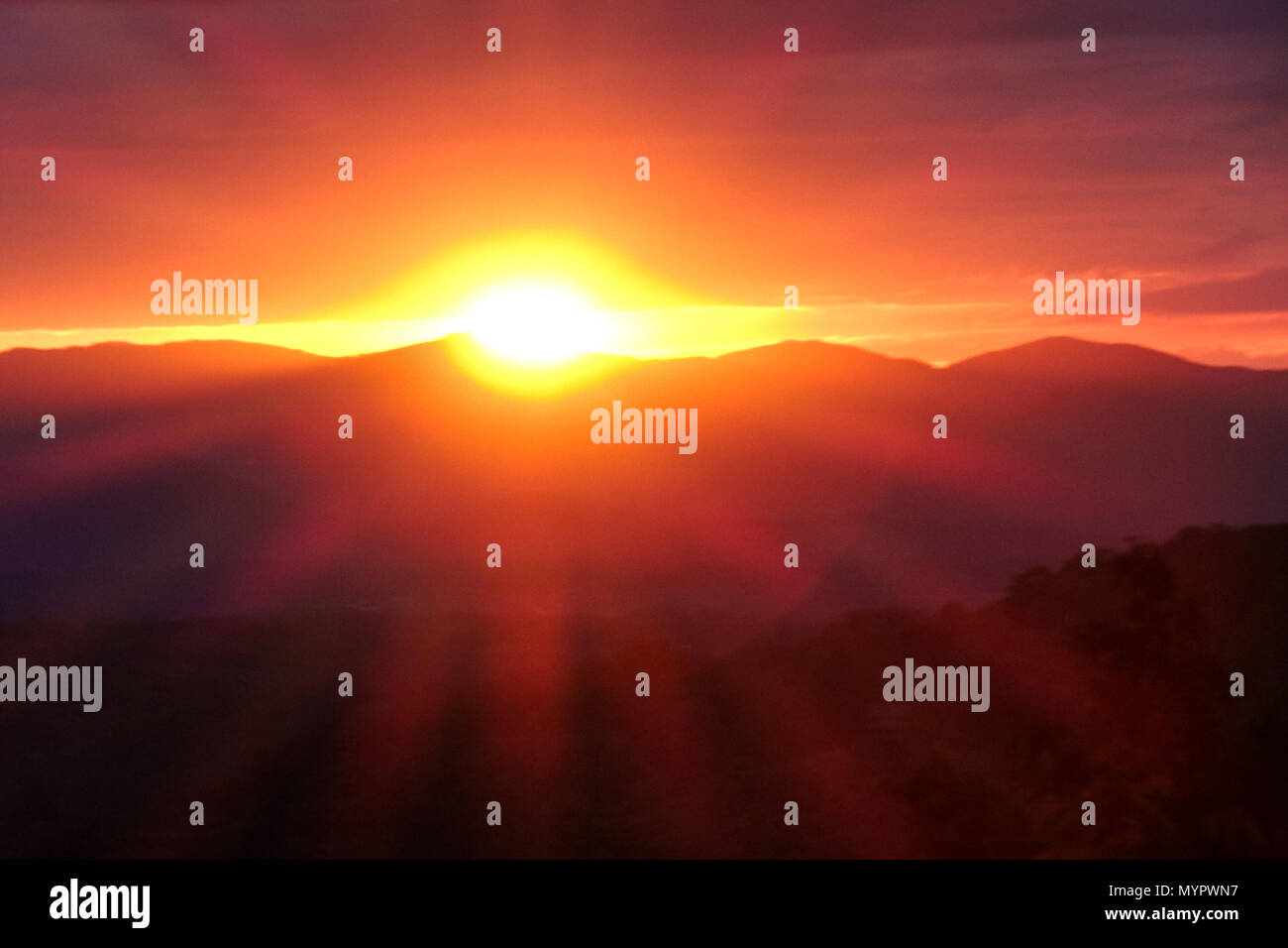 Sunset rays over the Blue Ridge Mountains, Asheville, North Carolina. Stock Photo