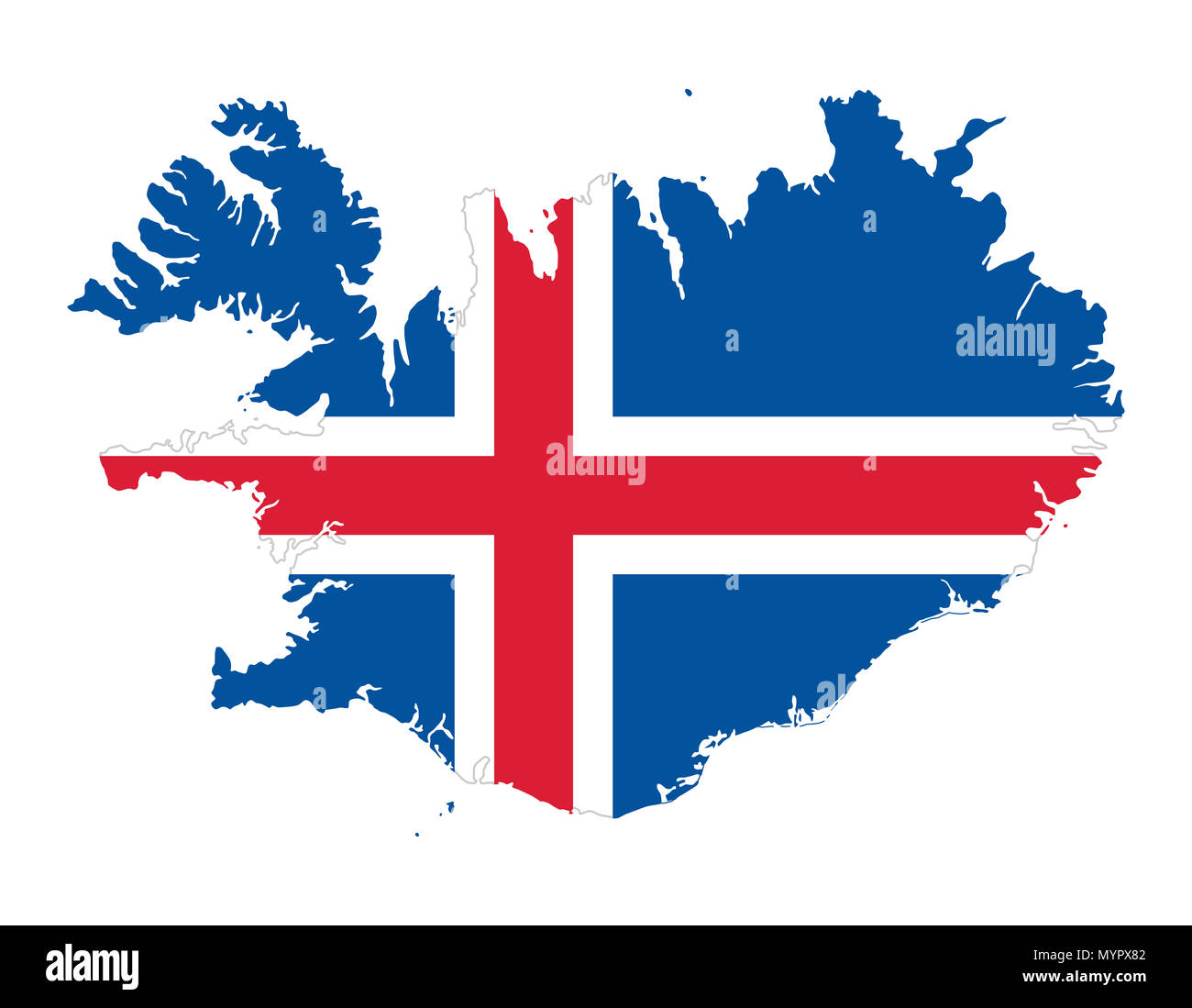 Flag of Iceland in the country silhouette. Blue field with white edged red Nordic cross. Outline of Iceland, a Nordic island country. Stock Photo