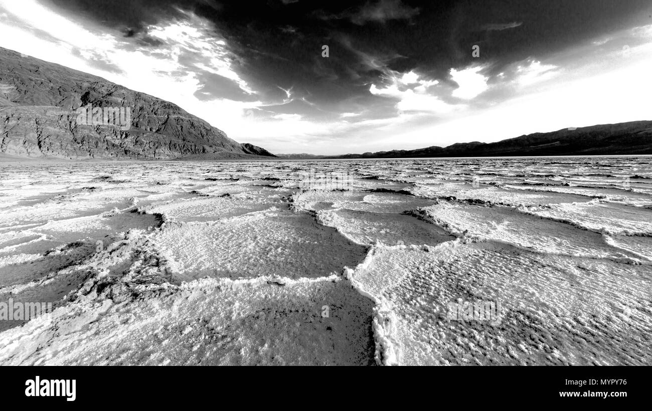 Wide- Angle Salt Pans Death Valley Bad Water Basin, California Black and White Stock Photo