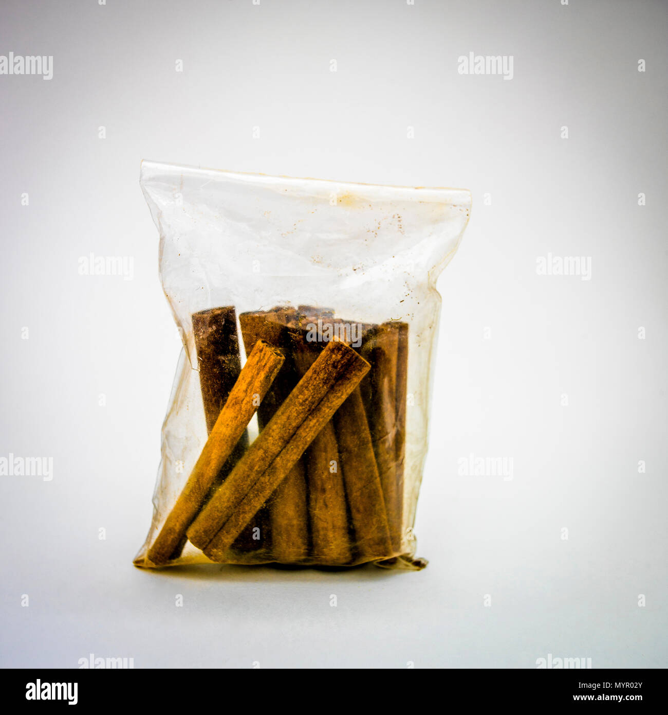 Transparent bag of Cinnamomum verum Stock Photo