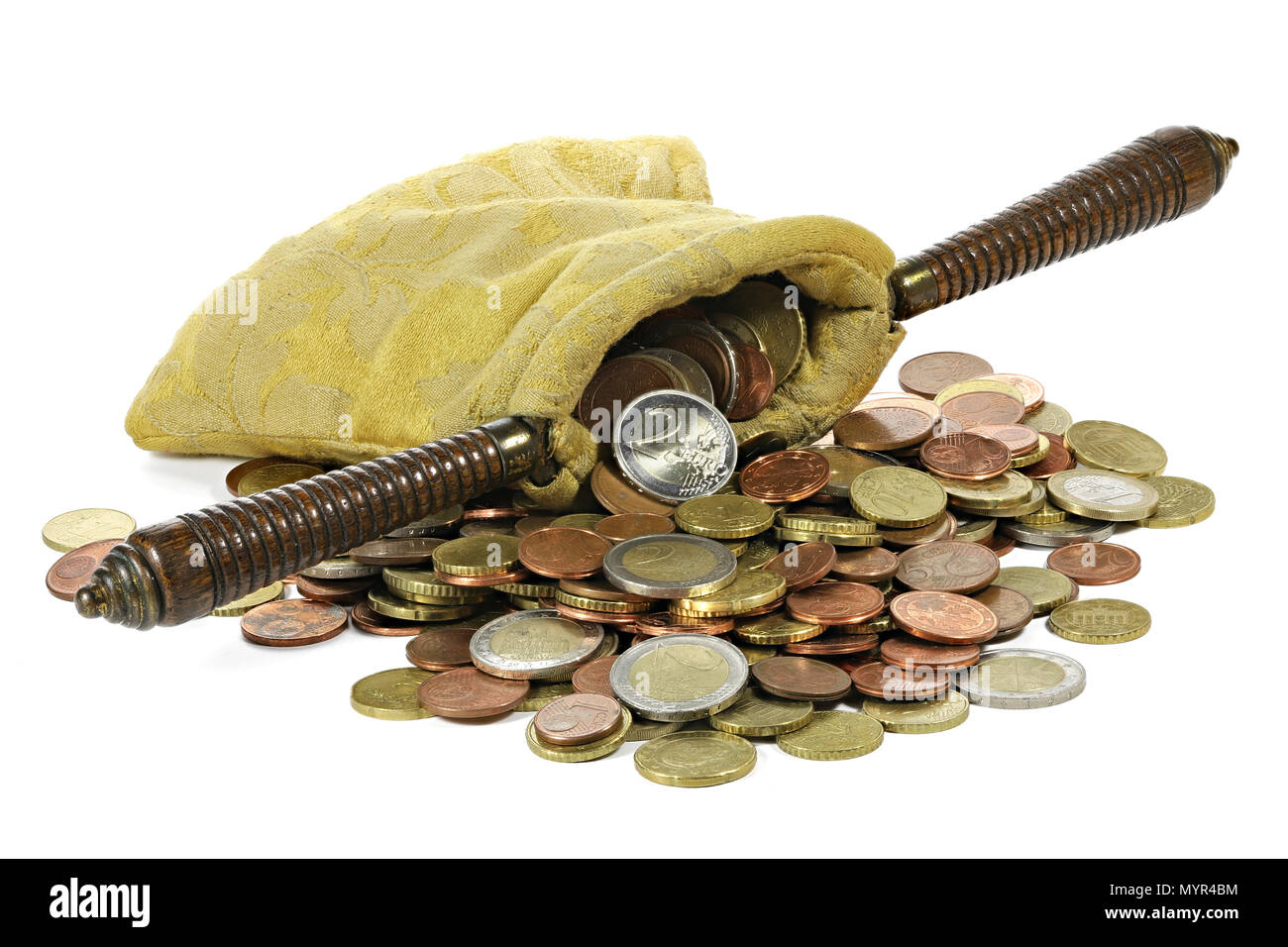 collection bag filled with Euro Coins isolated on white background Stock Photo