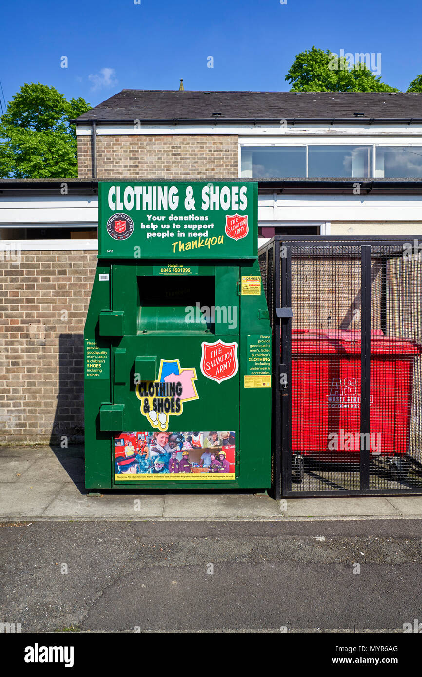 Salvation Army collecting bin for clothing & shoes at the back of their
