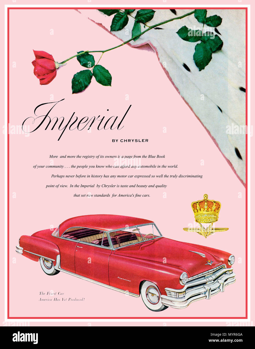 CHRYSLER IMPERIAL 1950's Vintage American Car Automobile Press Advertisement and Poster for Red Chrysler Imperial Vintage Car 2 door Coupe Stock Photo