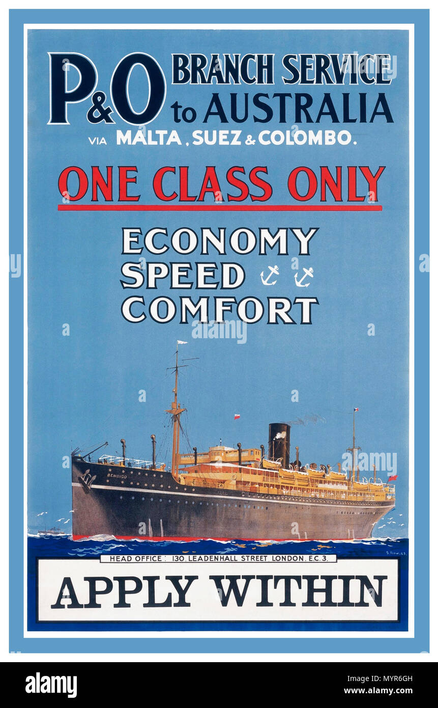 Vintage 1900’s P&O Cruise Ocean Liner Steamship Poster ‘One Class Only’ Branch Service to Australia.. via Malta Suez & Columbo Stock Photo