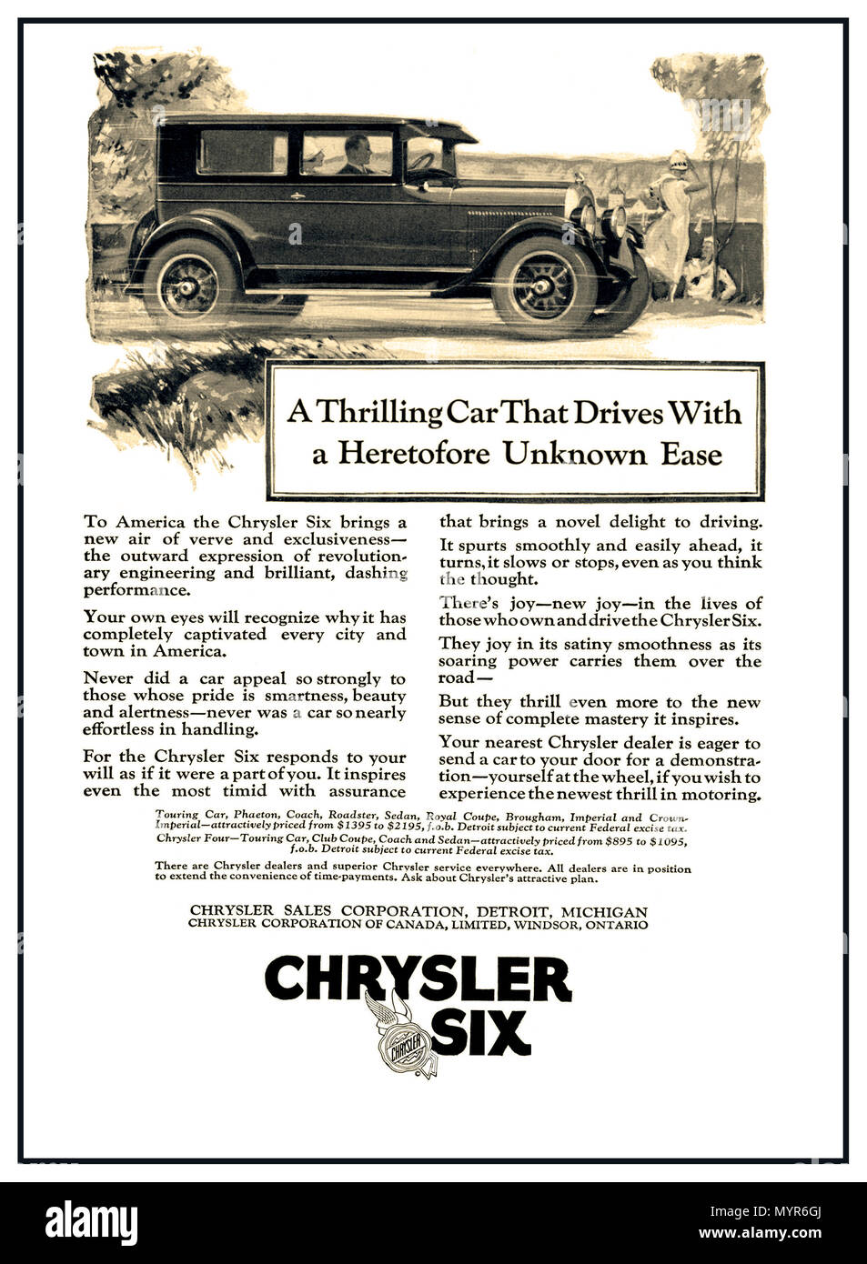 CHRYSLER SIX 1920’s Vintage press Advertisement for 1926 Chrysler Six Automobile Car Speed Stability Touring Ad Print poster The car advertised a powerful, six-cylinder engine which could achieve speeds of 70 mph using just 20 miles per gallon. The Chrysler Six also featured aluminum pistons, replaceable oil and air filters, shock absorbers, and standard-equipment hydraulic brakes on all wheels. Stock Photo